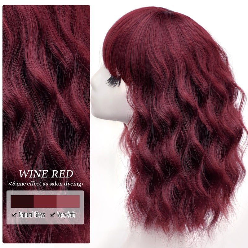 Nnzes Bob Curly Wig Synthetic Short Wine Red Wig with Bangs Natural Looking Heat Resistant Fiber Hair for Women - Image 3
